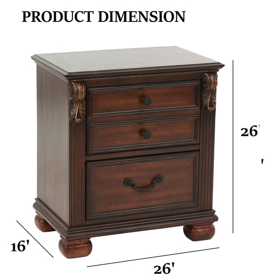 Dark brown traditional nightstand with drawers and top surface, turned legs