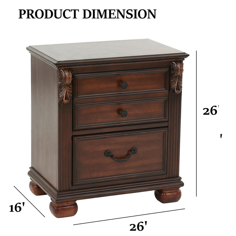 Dark brown traditional nightstand with drawers and top surface, turned legs
