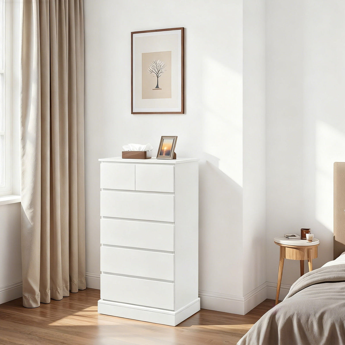 6 Drawer Tall Dresser With Concealed Handles, Vertical Storage Cabinet For Bedroom - White