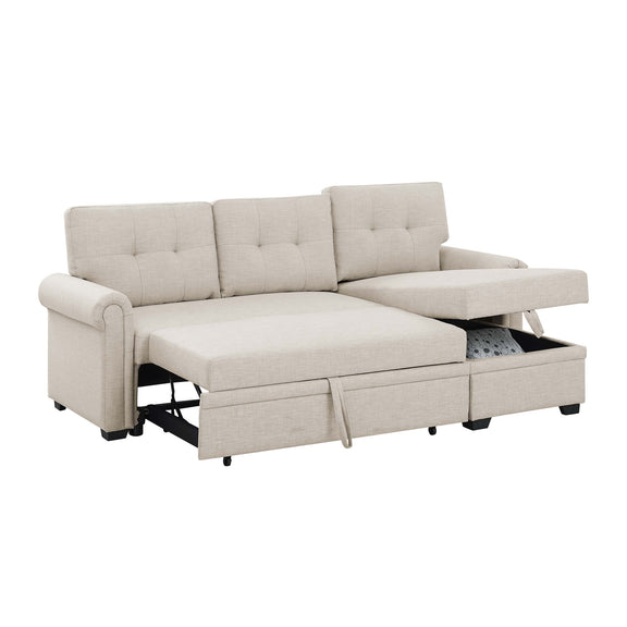 Beige upholstered sleeper sofa with storage chaise, pull-out sleeper bed and tufted cushions