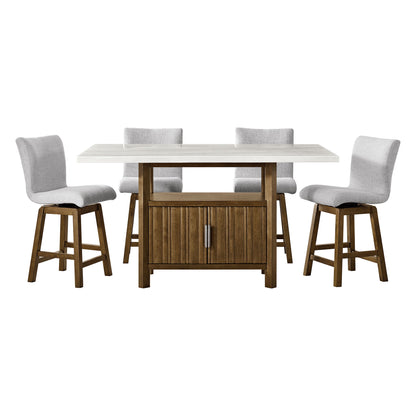 Counter-height dining set with white table and four gray upholstered stools, dark brown frame