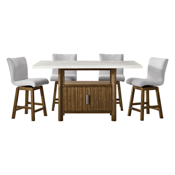 Counter-height dining set with white table and four gray upholstered stools, dark brown frame