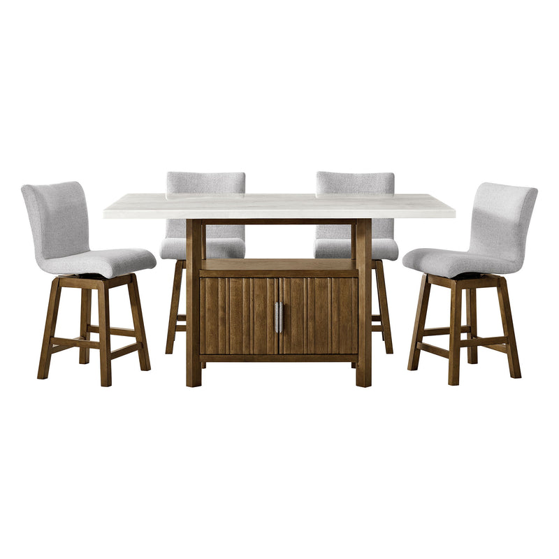 Counter-height dining set with white table and four gray upholstered stools, dark brown frame