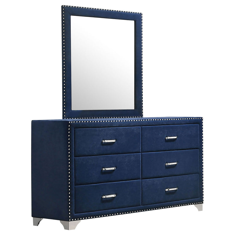 Blue upholstered 6-drawer dresser with square mirror, metal stud trim, silver pulls