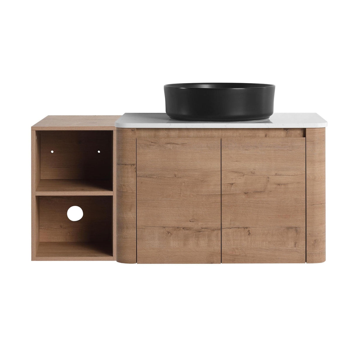 Wall-mounted bathroom vanity with black art sink and open right storage shelf in wood
