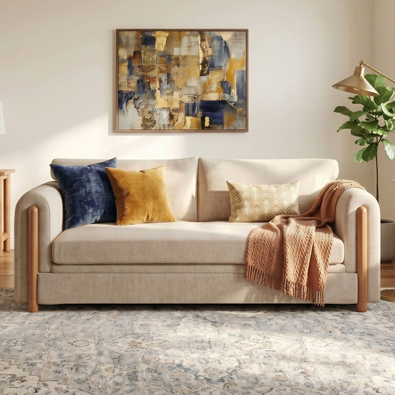 3-seater upholstered couch in light beige with rolled wooden arms and throw pillows
