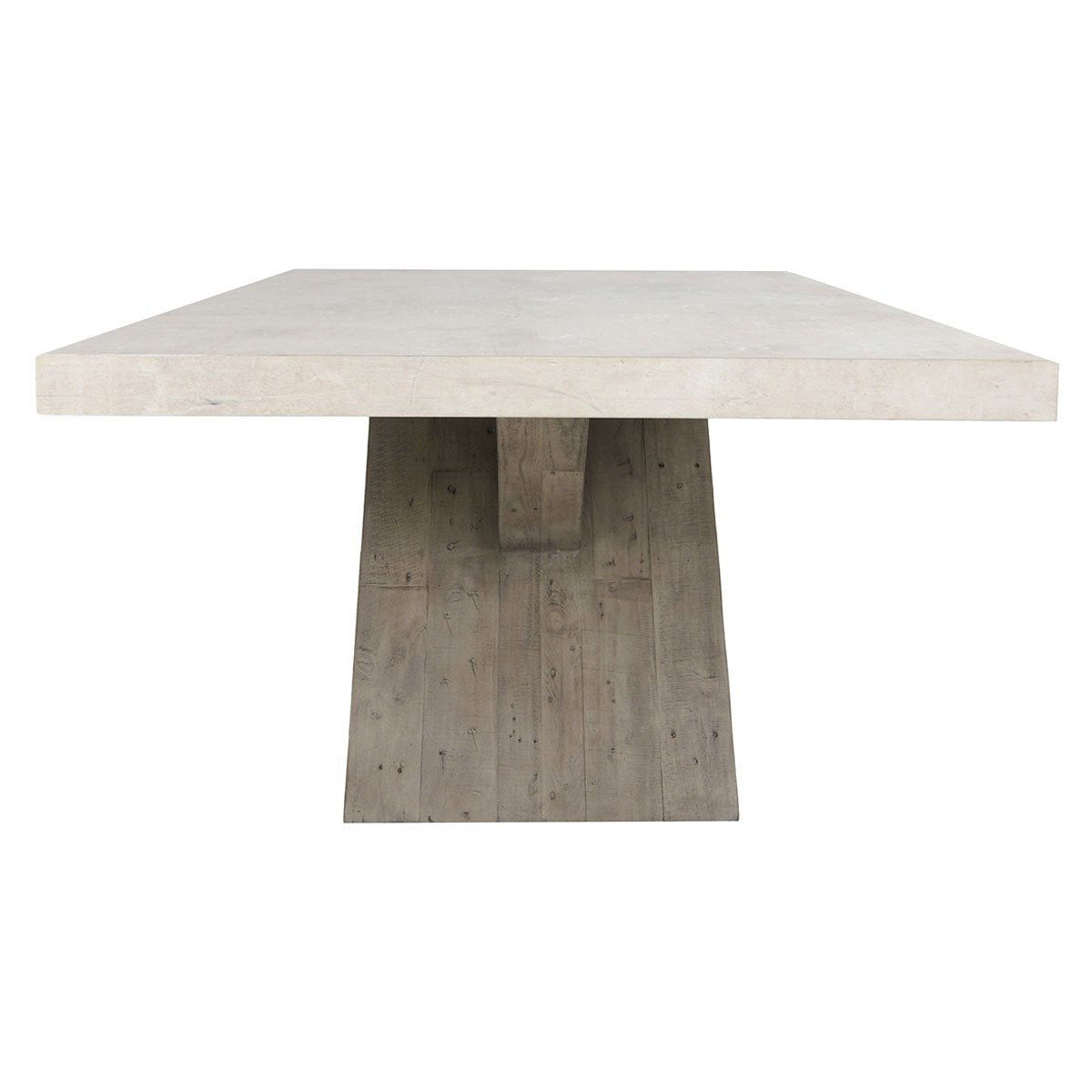 Distressed gray dining table with rectangular farmhouse tabletop and pedestal base