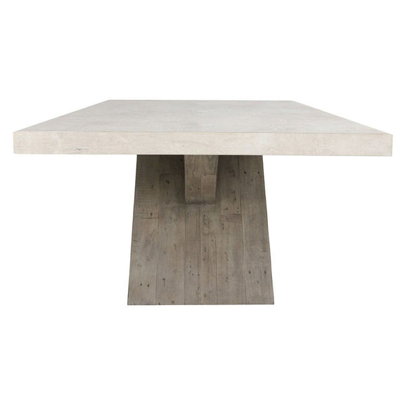 Distressed gray dining table with rectangular farmhouse tabletop and pedestal base