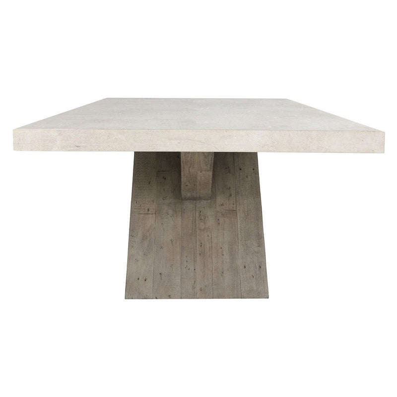 Distressed gray dining table with rectangular farmhouse tabletop and pedestal base