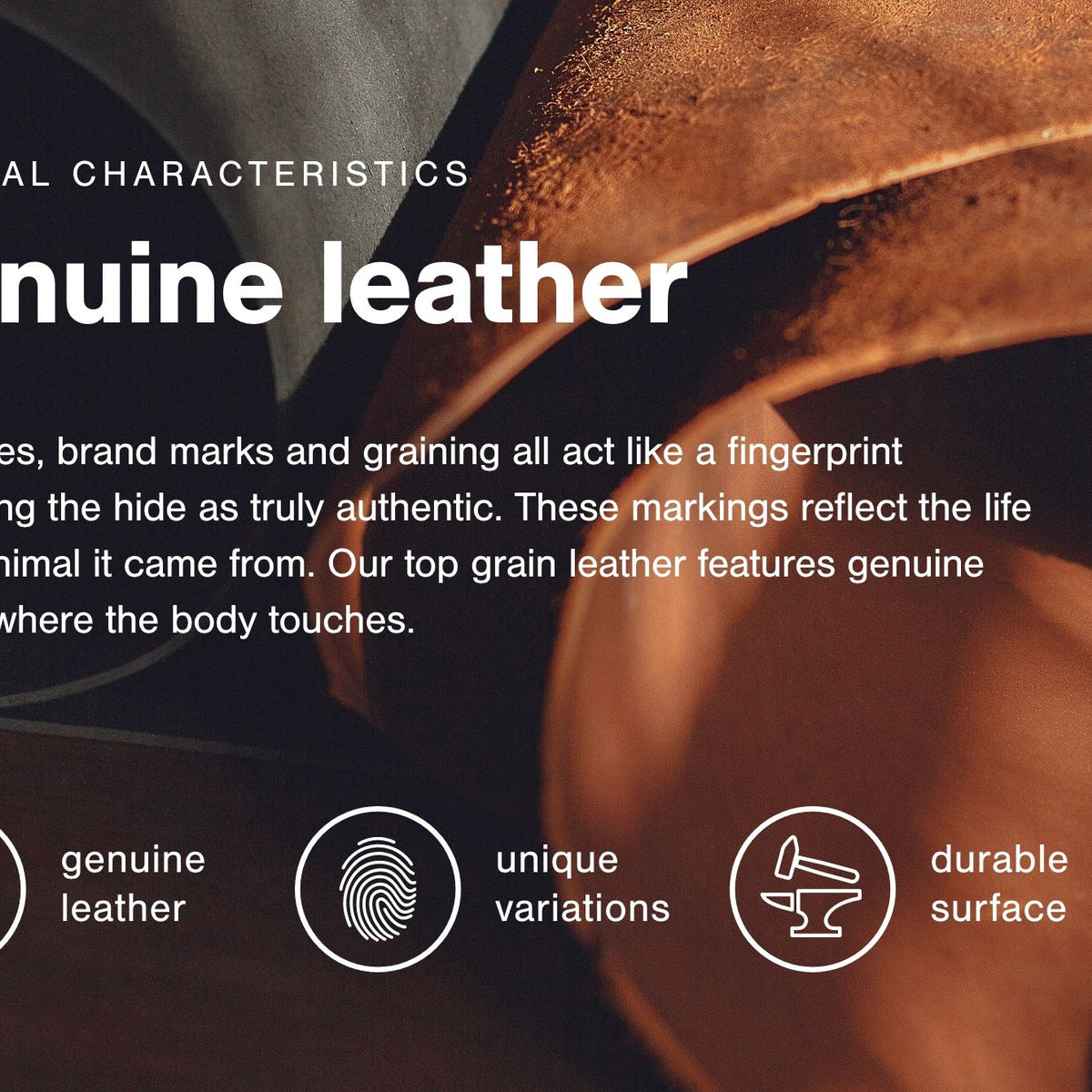 Genuine leather features graphic with natural characteristics icons and durable surface