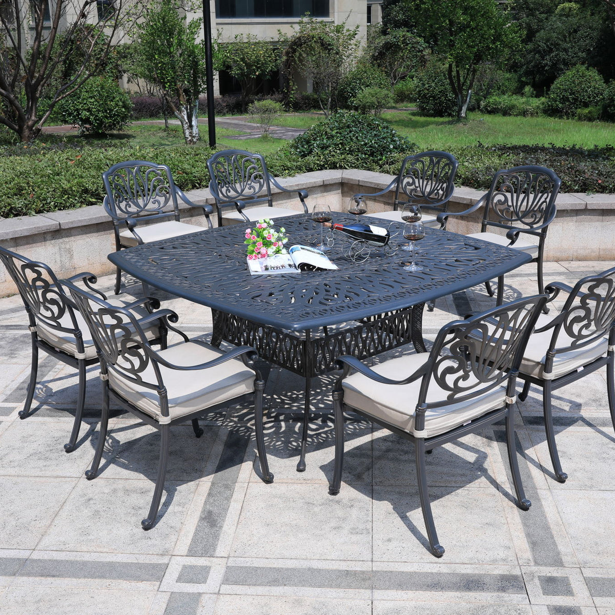 Square 8 Person 64" Long Aluminum Dining Set With Cushions
