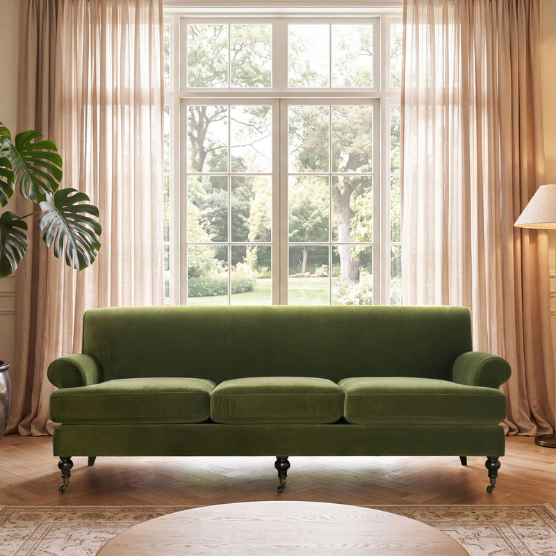 Three-cushion tightback sofa, dark green fabric, rolled arms, turned legs