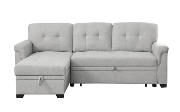 Light gray reversible sleeper sectional sofa with storage chaise, chaise with storage