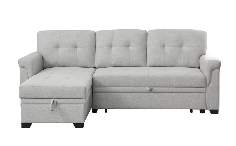 Light gray reversible sleeper sectional sofa with storage chaise, chaise with storage