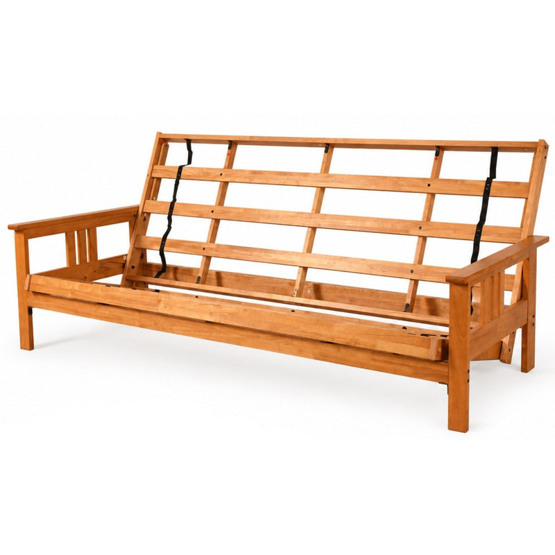 Wood futon frame with slatted base and black support straps