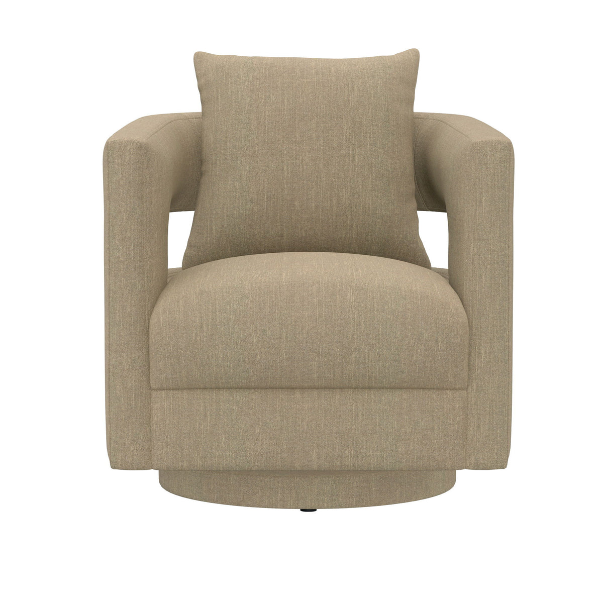 Light beige upholstered swivel chair with square arms and lumbar pillow, round base