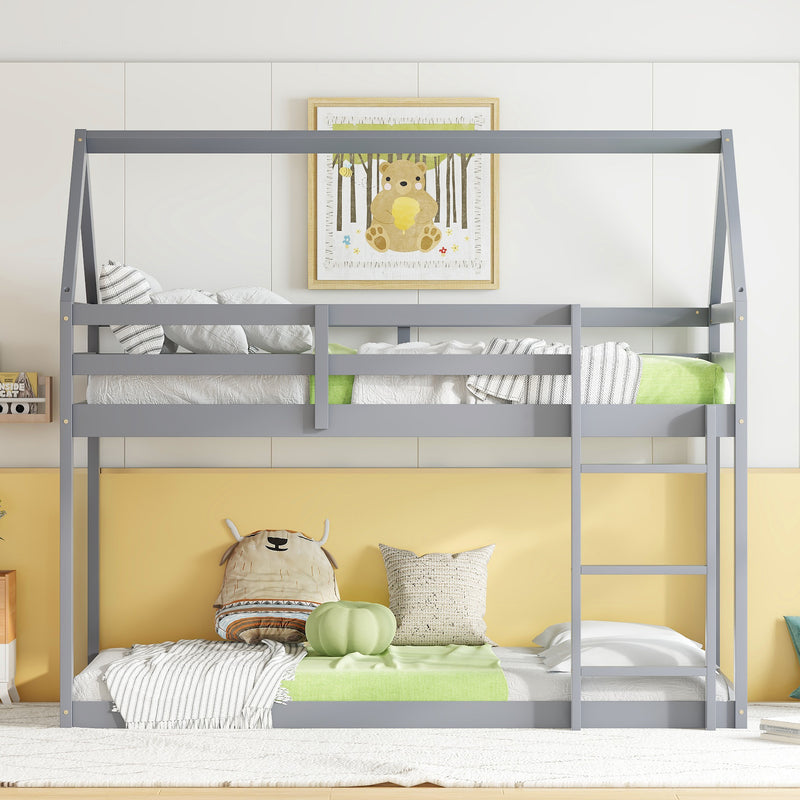 Twin over Twin Rubber Wood Floor Bunk Bed, with ladder, Guardrails, House-Shaped-Bunk Bed, Grey