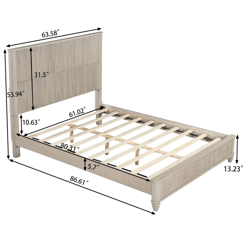 Light beige bed frame with slatted base, shown with size measurements