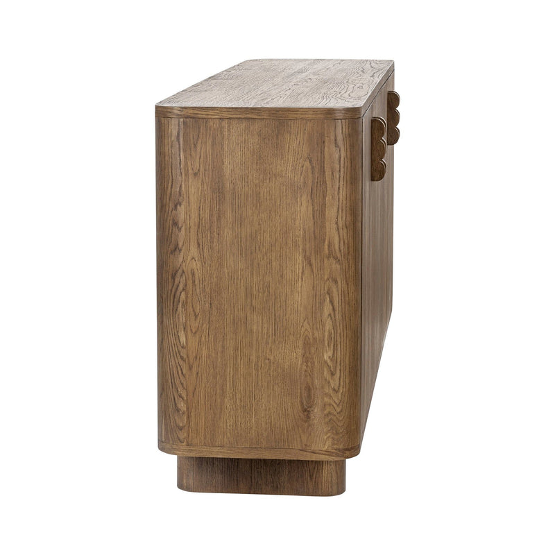 Tawny brown sideboard end panel with rounded corner and metal handle, tapered legs