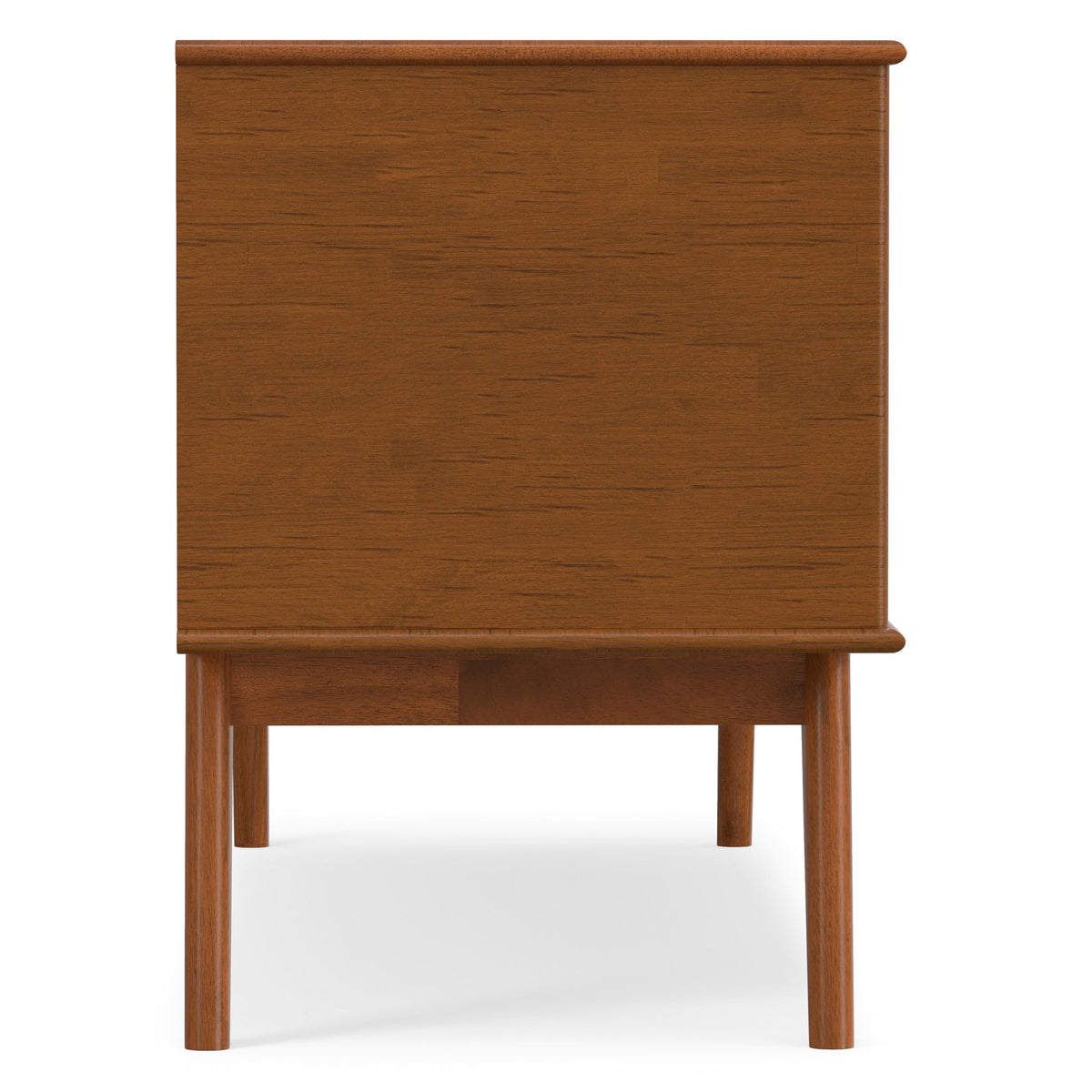 Warm brown wood cabinet panel with curved top edge and tapered side supports