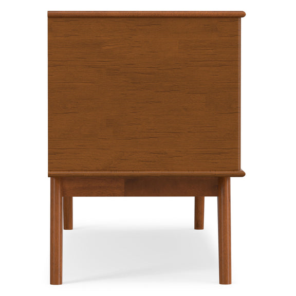 Warm brown wood cabinet panel with curved top edge and tapered side supports