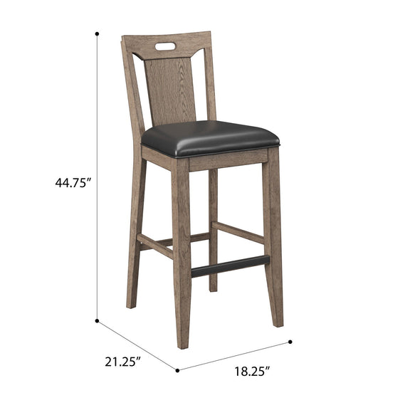 Brown slat back bar stool with black padded seat, open lower frame, and footrest