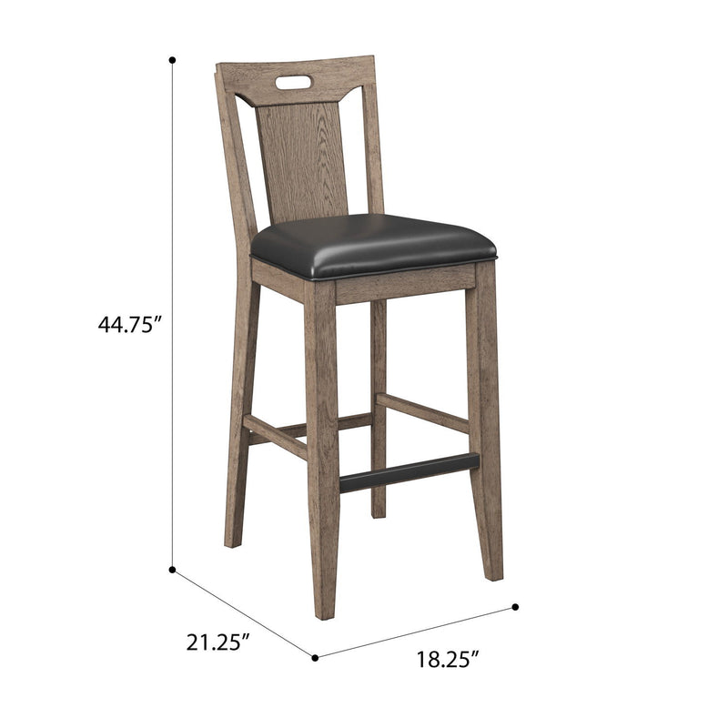 Brown slat back bar stool with black padded seat, open lower frame, and footrest