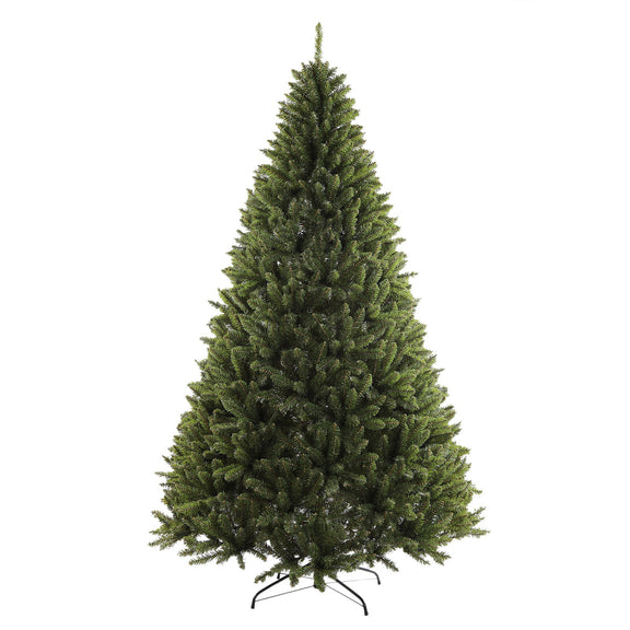 Dark green artificial Christmas tree with branch tips, standing on metal base
