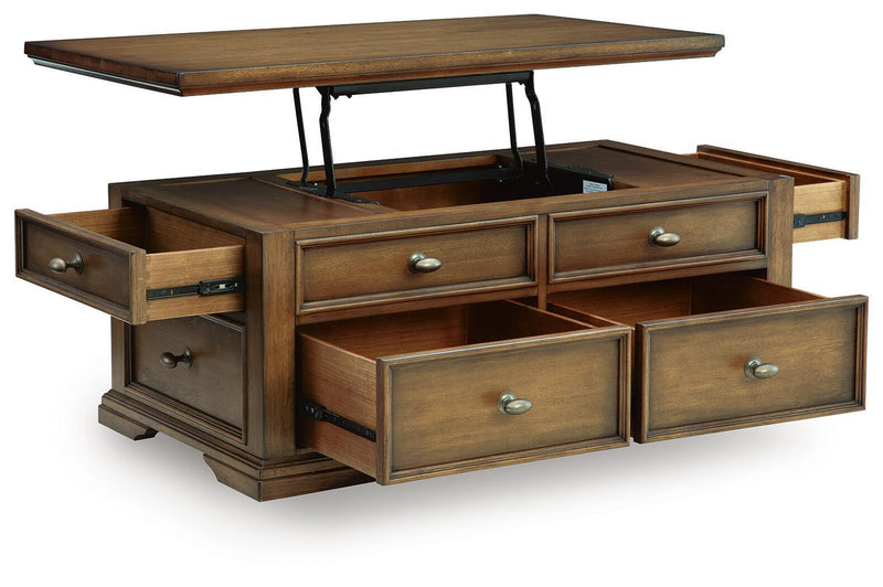 Dark brown lift-top coffee table with drawers, metal pulls, and hidden storage compartment