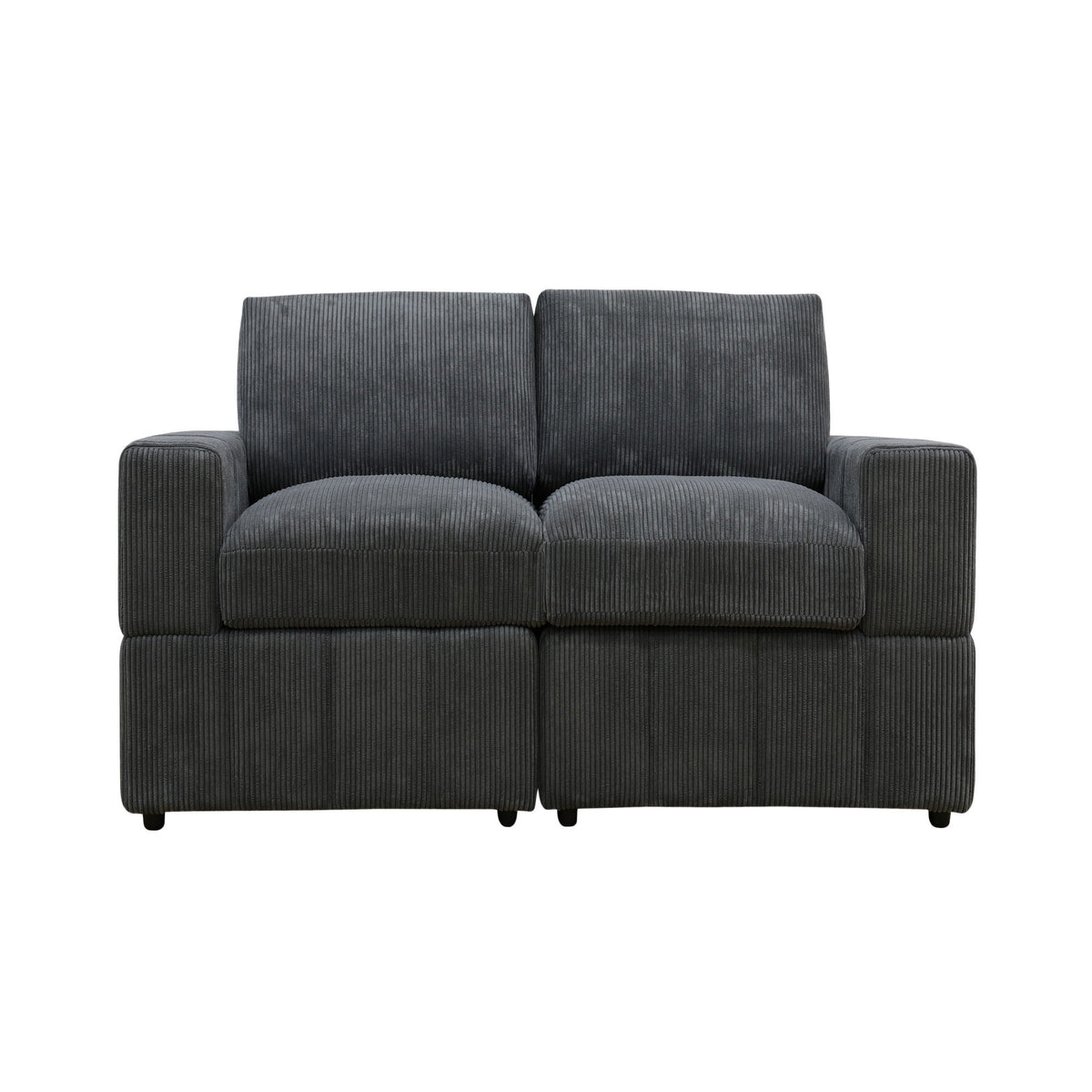 Dark gray upholstered loveseat sofa with two back cushions and track-style arms