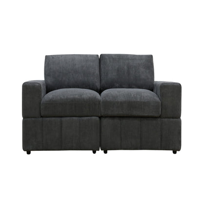 Dark gray modular loveseat with two seats, ribbed upholstery, and block arms