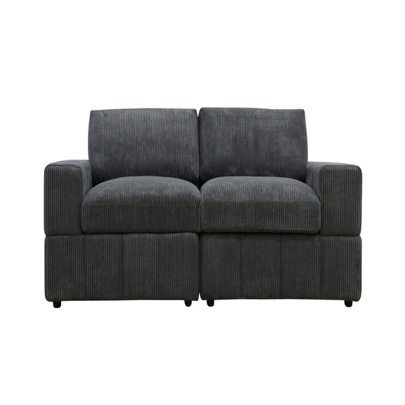 Dark gray upholstered loveseat sofa with two back cushions and track-style arms