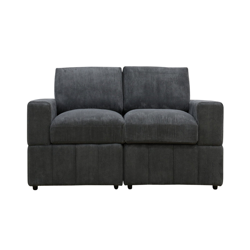 Dark gray upholstered loveseat sofa with two back cushions and track-style arms