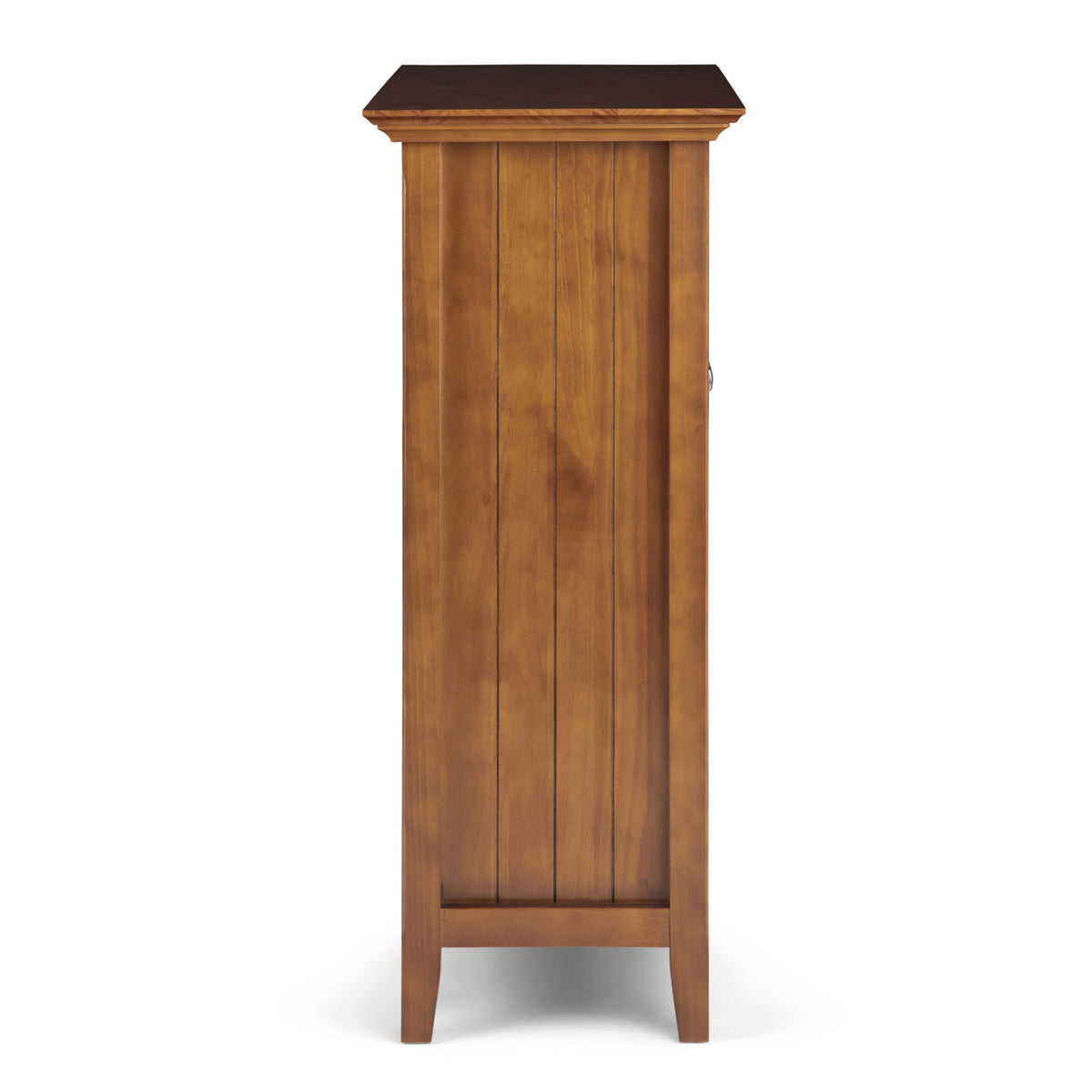 Wood storage cabinet with a solid side panel and top, shown from the side perspective.