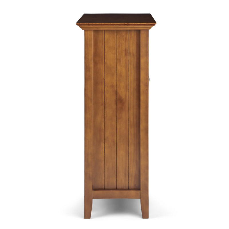 Wood storage cabinet with a solid side panel and top, shown from the side perspective.