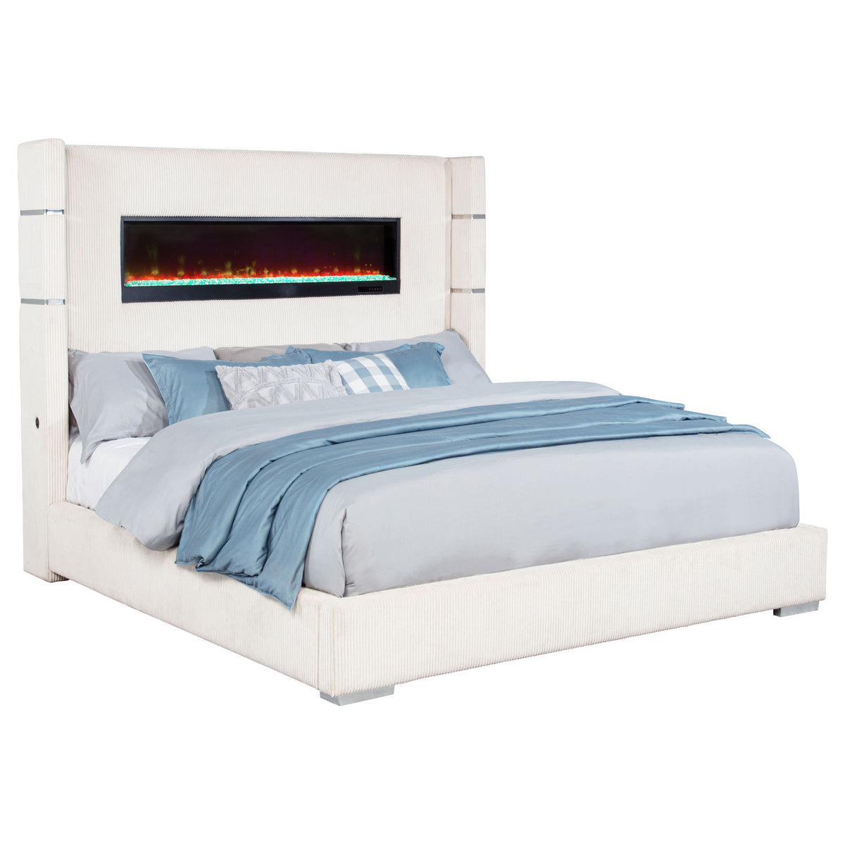 Beige upholstered platform bed with light-blue bedding and flame visualizer screen