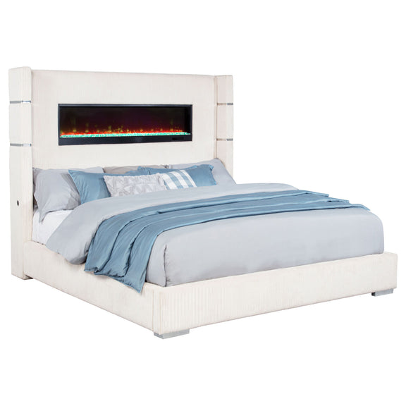 Beige upholstered platform bed with light-blue bedding and flame visualizer screen