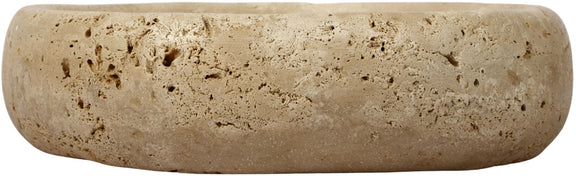 Beige genuine travertine tray with low rounded sides and shallow interior basin.