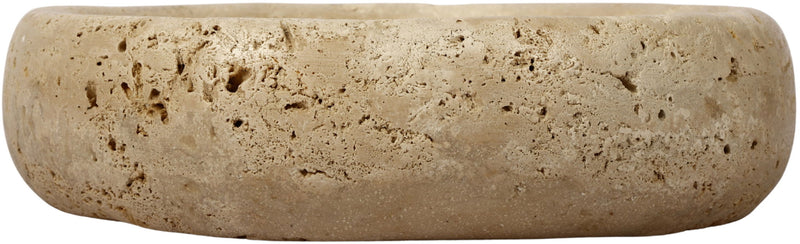 Beige genuine travertine tray with low rounded sides and shallow interior basin.