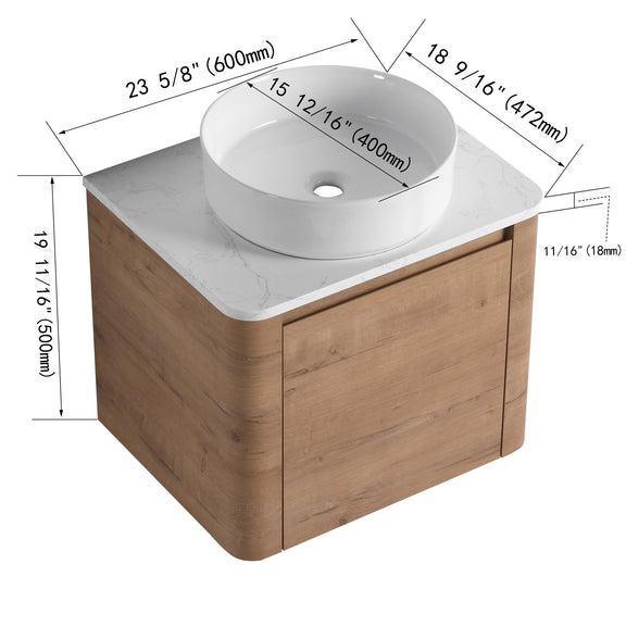 Bathroom vanity with white round vessel sink and 2-door cabinet, wood finish with size labels