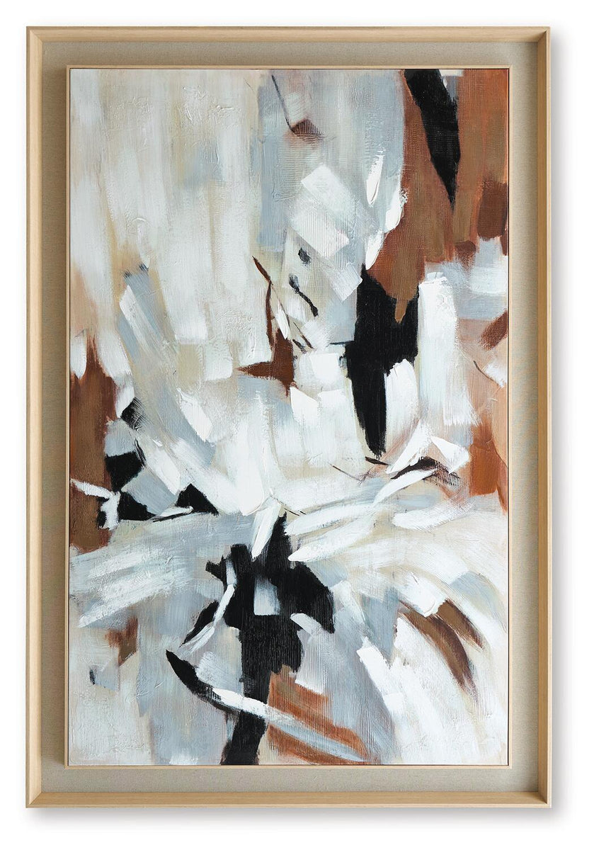 Framed abstract wall art with white, black, and tan brush strokes