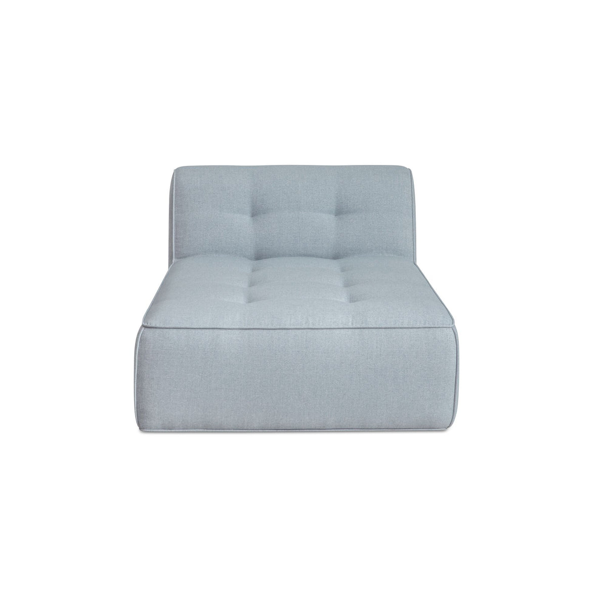 Light blue outdoor chaise lounge with tufted backrest and deep cushioned seat
