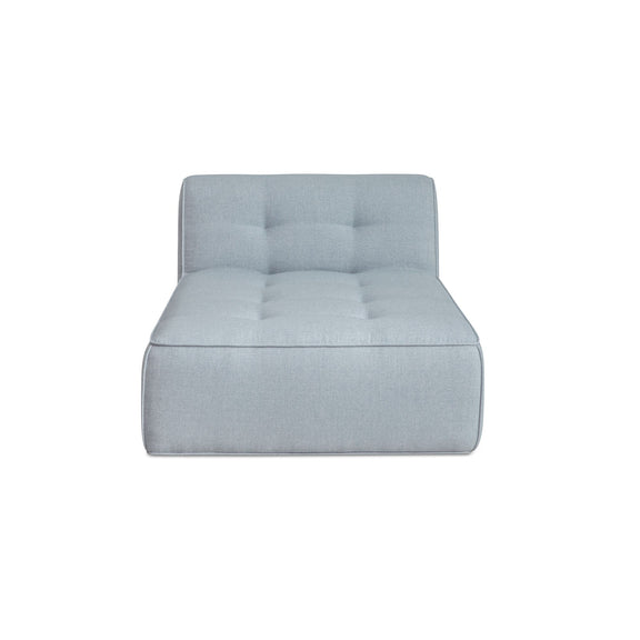 Light blue outdoor chaise lounge with tufted backrest and deep cushioned seat