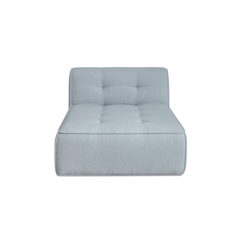 Light blue outdoor chaise lounge with tufted backrest and deep cushioned seat