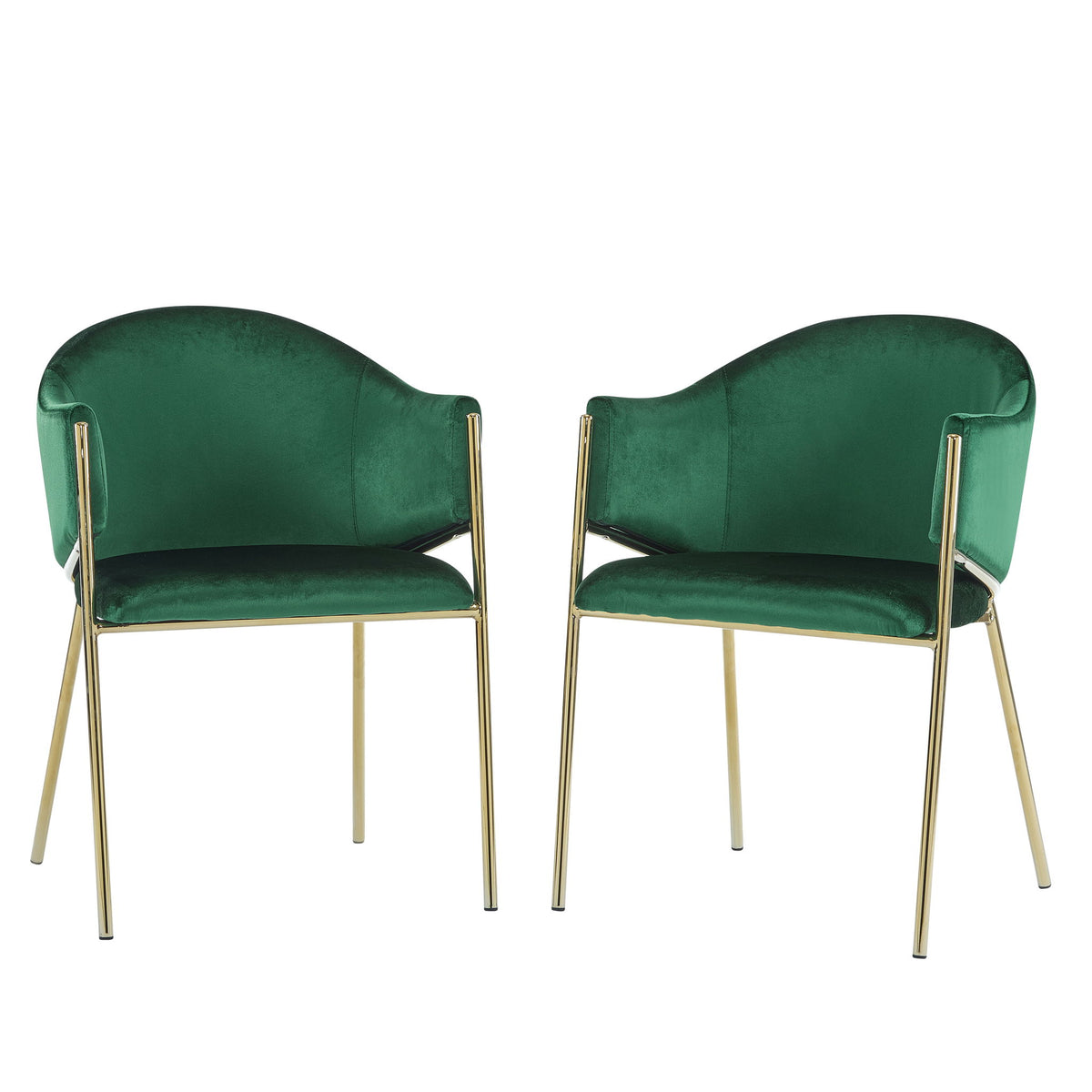 Emerald green upholstered dining chair with gold metal frame and armrests