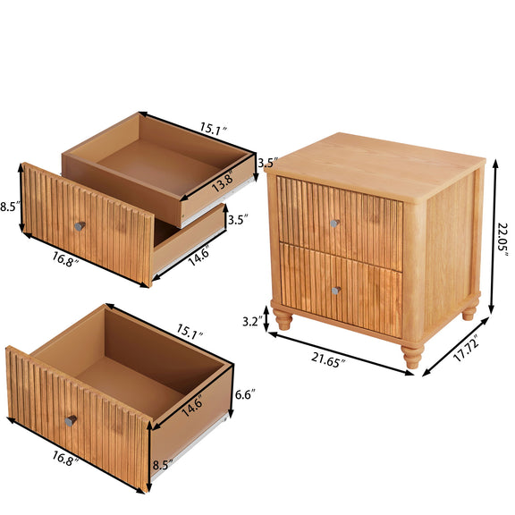 Light brown two-drawer nightstand with turned feet, shown with open drawers and dimensions