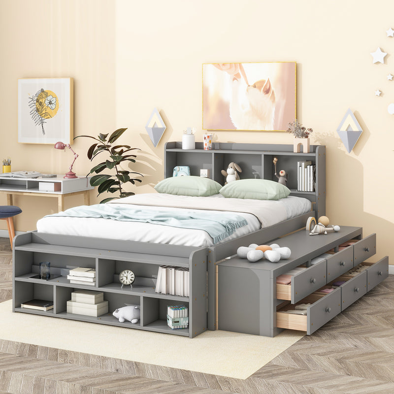 Full Bed with Bookcase Headboard, Under bed Storage Drawers and Bed End Storage Case, Grey