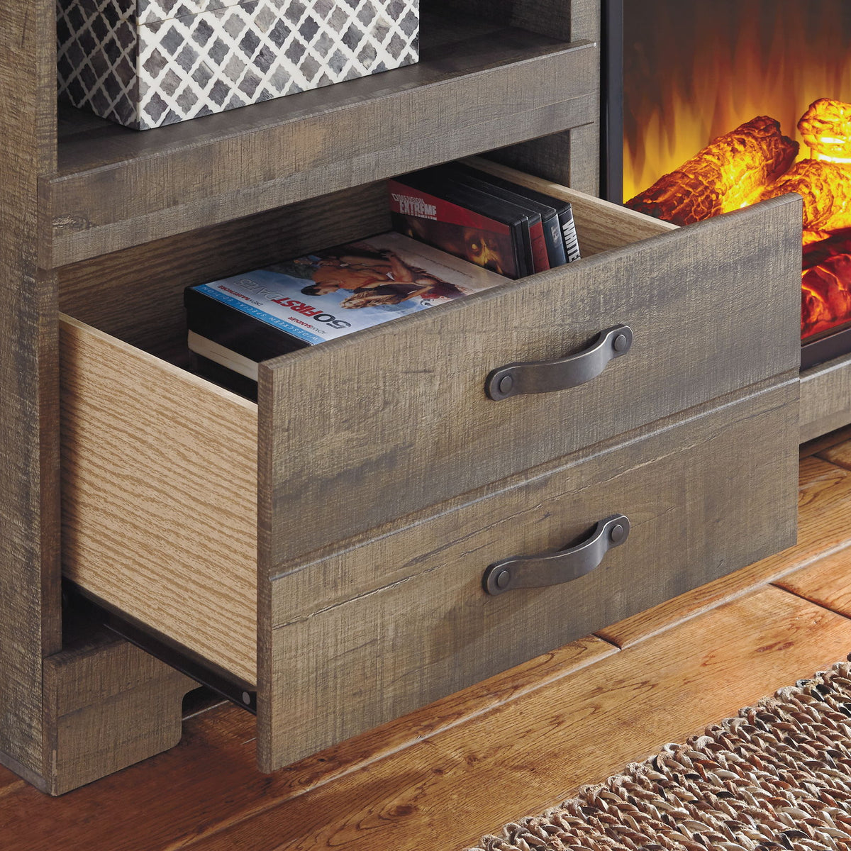 Trinell - 63" TV Stand With Glass/Stone Fireplace Insert - Brown
