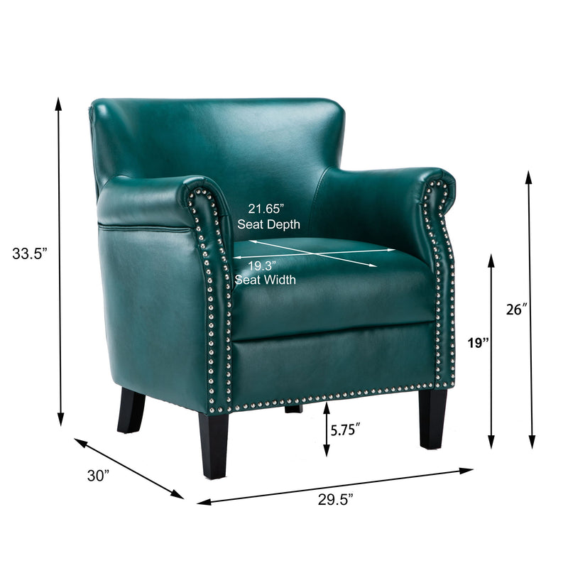 Teal club chair with studded nailhead trim; seat width and depth labeled