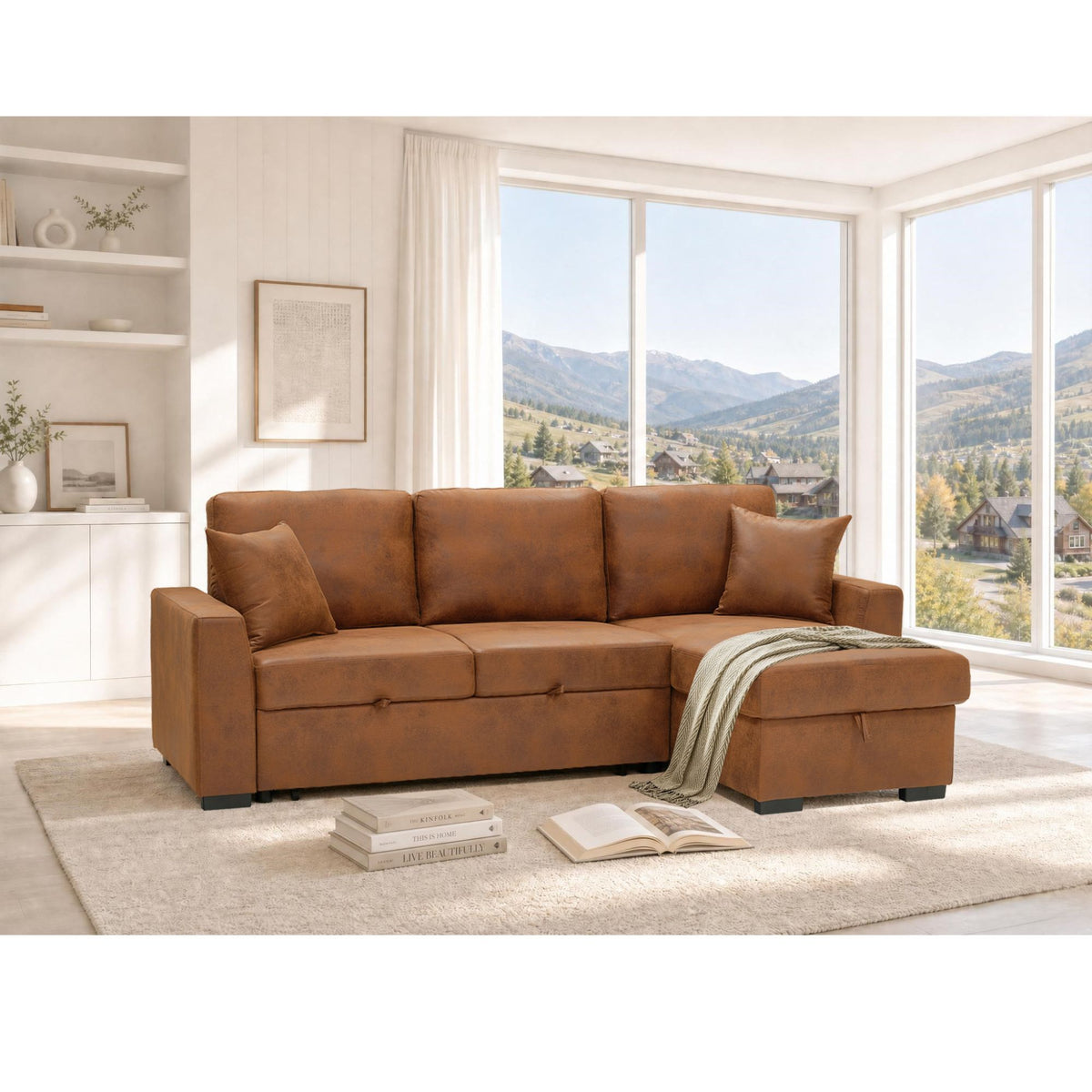 Light brown sectional sofa with chaise storage and pull-out bed in living room